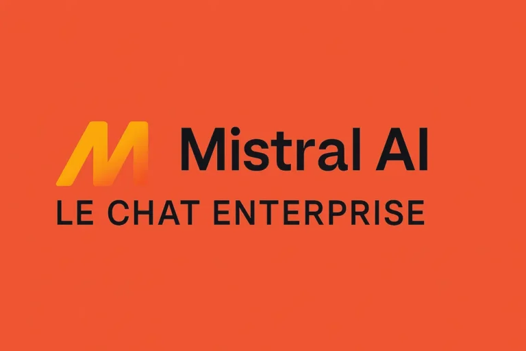 Logo de Mistral AI en dégradé jaune-orange-rouge sur fond rouge, accompagné de l’inscription Le Chat Enterprise en noir, illustrant le chatbot d’entreprise de la start-up française
