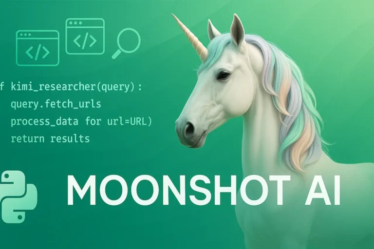 Image 3D réaliste d’une licorne blanche avec une crinière pastel, symbolisant la startup Moonshot AI, accompagnée d’un extrait de code Python illustrant Kimi-Researcher