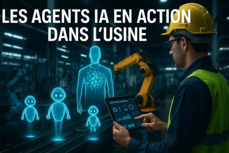 Photo réaliste d’un opérateur industriel en casque de sécurité consultant une tablette affichant une interface IA, avec des agents IA holographiques bleus flottants dans une usine high-tech en arrière-plan.