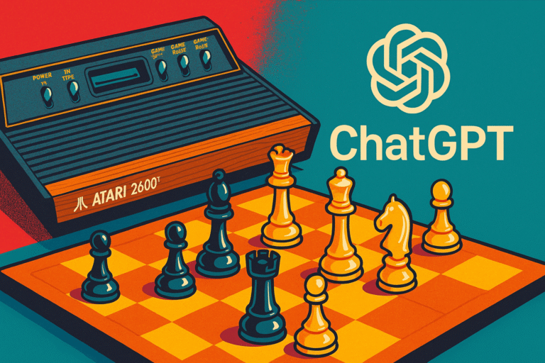 Illustration rétro colorée montrant une console Atari 2600 jouant aux échecs contre ChatGPT, avec un plateau d’échecs et des pièces en jeu, symbolisant le duel entre IA spécialisée et IA généraliste.