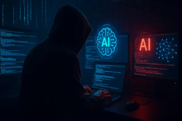 Silhouette sombre d'un hacker devant des écrans affichant du code et des réseaux de neurones IA dans une ambiance cyberpunk inquiétante