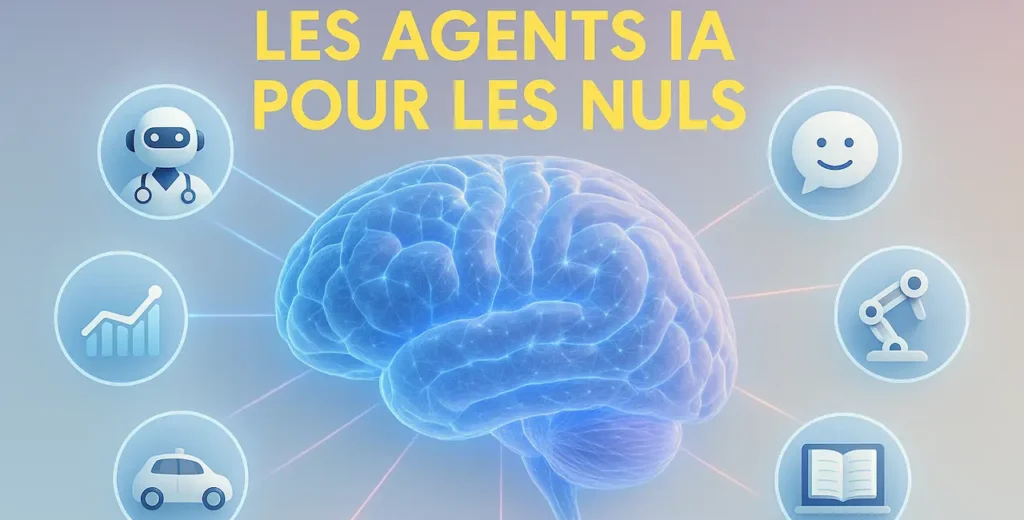 Illustration graphique colorée montrant un cerveau numérique relié à des icônes représentant les applications des agents IA en santé, finance, transport, industrie, service client et éducation.