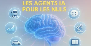 Illustration graphique colorée montrant un cerveau numérique relié à des icônes représentant les applications des agents IA en santé, finance, transport, industrie, service client et éducation.
