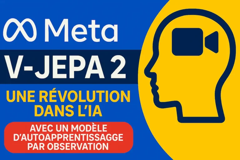 Illustration de Meta présentant V-Jepa 2, un modèle d'intelligence artificielle révolutionnaire basé sur l'autoapprentissage par observation, avec un design moderne et coloré.