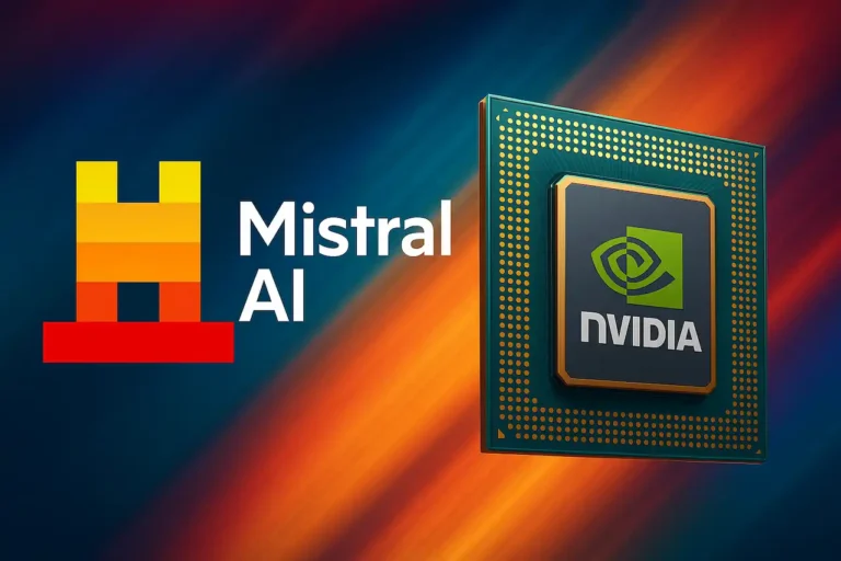 Logos officiels colorés de Mistral AI et Nvidia avec une puce processeur, illustrant le partenariat pour une infrastructure IA souveraine européenne.