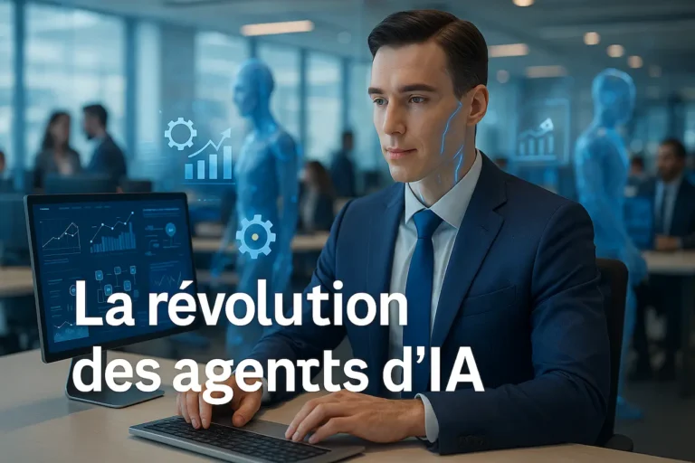 Agent IA humanoïde en costume, texte "La révolution des agents d’IA", bureau moderne, transformation numérique en entreprise 2025