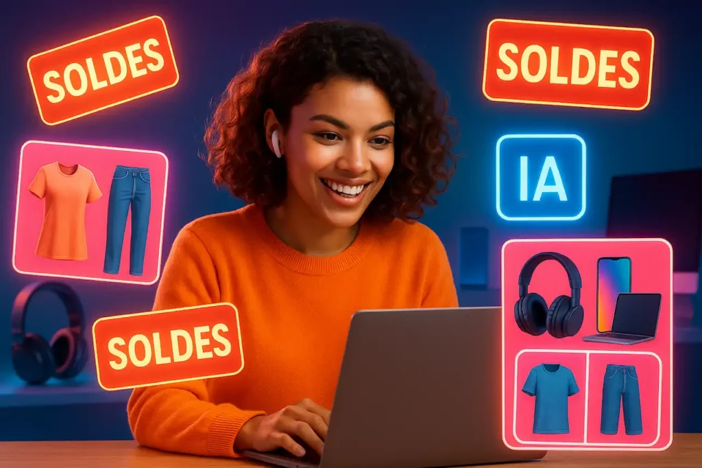 Jeune femme souriante fait du shopping en ligne avec assistance IA, entourée d’étiquettes "Soldes" et cadres affichant vêtements tendance et produits technologiques comme casques audio, smartphones et ordinateurs