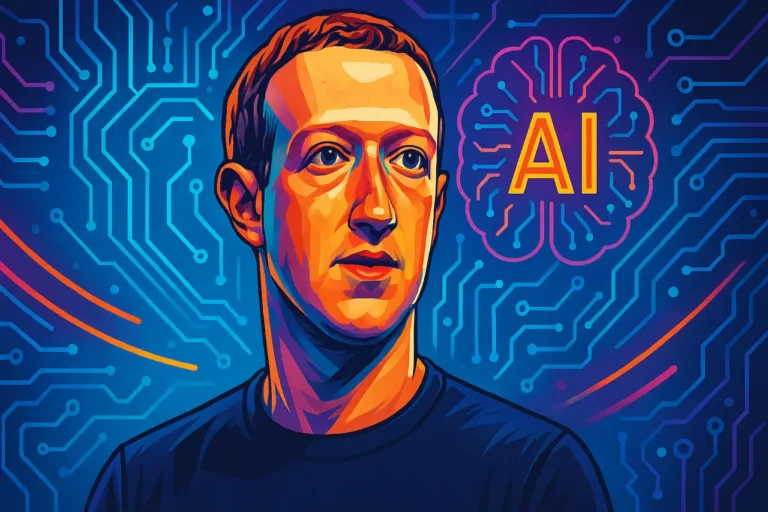 Portrait pop-art de Mark Zuckerberg sur fond de circuits intelligents et d’un cerveau IA, illustrant son initiative Superintelligence pour Meta.