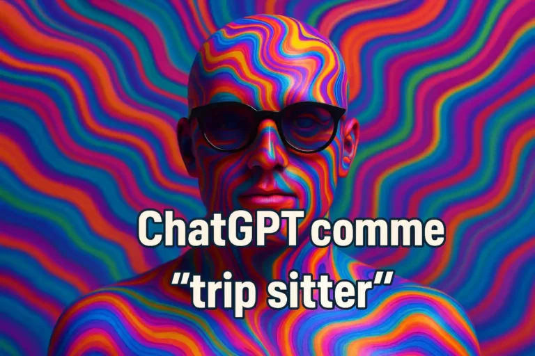 Portrait 3D réaliste d’un visage humain couvert de motifs psychédéliques multicolores avec des lunettes noires, sur un fond tourbillonnant coloré, texte central "ChatGPT comme trip sitter"