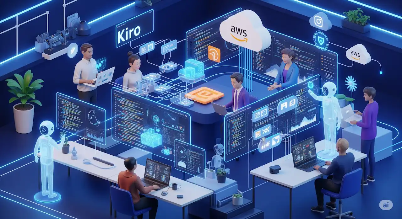 Illustration 3D réaliste et colorée d'AWS Kiro, montrant des développeurs interagissant avec des interfaces holographiques et des agents IA. L'image dépeint un environnement de développement futuriste où l'intelligence artificielle assiste la création de code et le déploiement sur le cloud AWS, symbolisant la collaboration, l'innovation et l'automatisation dans le cycle de vie du développement logiciel.