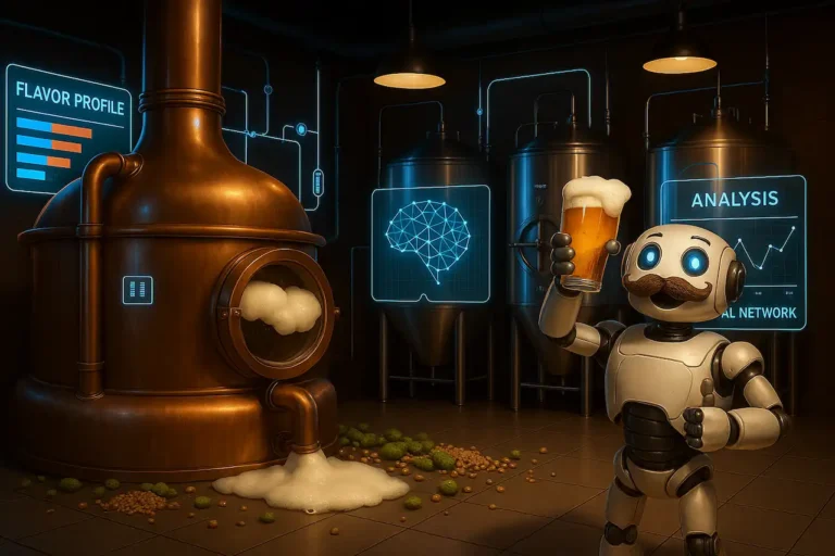 Illustration 3D colorée d’un robot joyeux levant une pinte de bière mousseuse devant des cuves industrielles, entouré d’hologrammes de données et de motifs de réseaux neuronaux, symbolisant l’intelligence artificielle au service du brassage avec une pointe d’humour.
