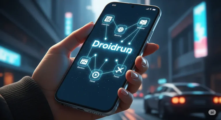 Image photoréaliste d'une main tenant un smartphone affichant l'interface futuriste de Droidrun, symbolisant l'intégration des agents IA dans les applications mobiles.