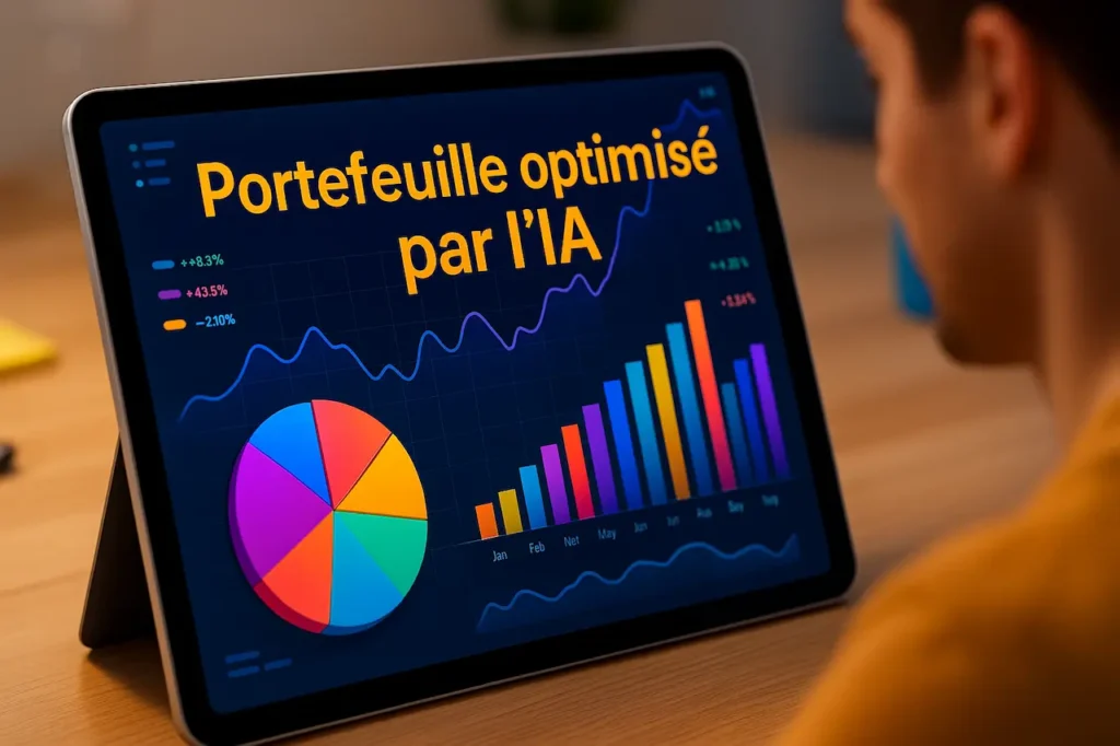 Tablette affichant un graphique financier coloré avec un portefeuille optimisé par intelligence artificielle, illustrant l’investissement en bourse assisté par IA en 2025.