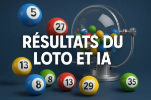 Illustration d’un appareil à tirage du Loto avec des boules, inspirées du design officiel de la FDJ, de tailles variées, et un texte central “Résultats Loto et IA”