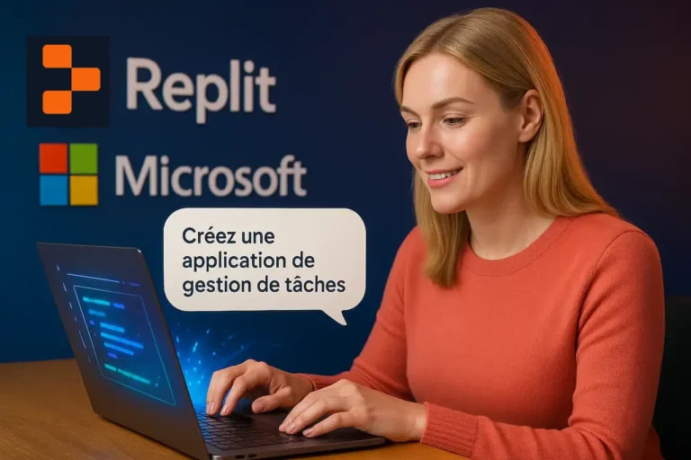 Photo réaliste d’une femme blonde souriante utilisant le Vibe Coding de Replit et Microsoft pour créer une application de gestion de tâches en langage naturel sur un ordinateur portable