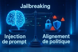 Balance technologique avec cerveau IA lumineux d’un côté, icônes de sécurité de l’autre, et flux de données holographiques verts et rouges symbolisant protection et attaques.