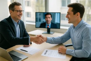 Recruteur et candidat se serrant la main lors d’un entretien en présentiel, avec un écran de visioconférence flou en arrière-plan
