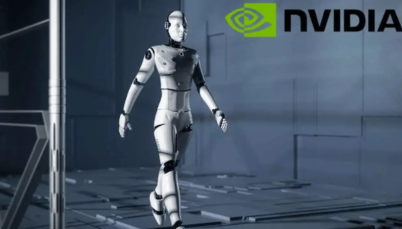 Nvidia robotique avec un robot marchant à gauche et le logo NVidia en haut à droit