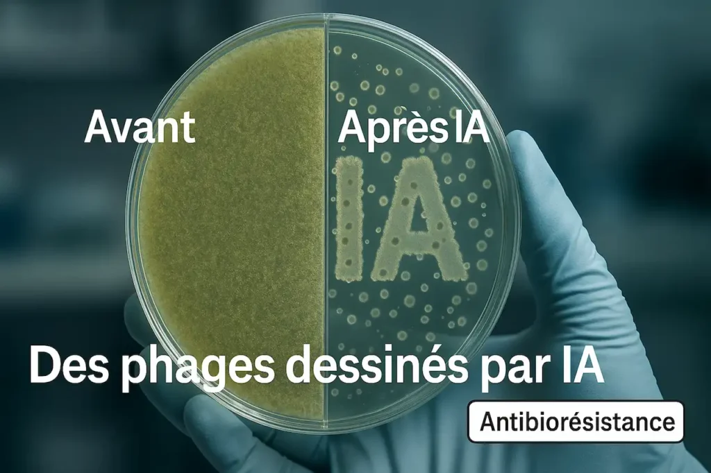 Boîte de Pétri tenue par une main gantée, montrant à gauche des bactéries intactes et à droite des plaques de lyse formant les lettres “IA”, illustrant l’efficacité des virus conçus par intelligence artificielle contre l’antibiorésistance.