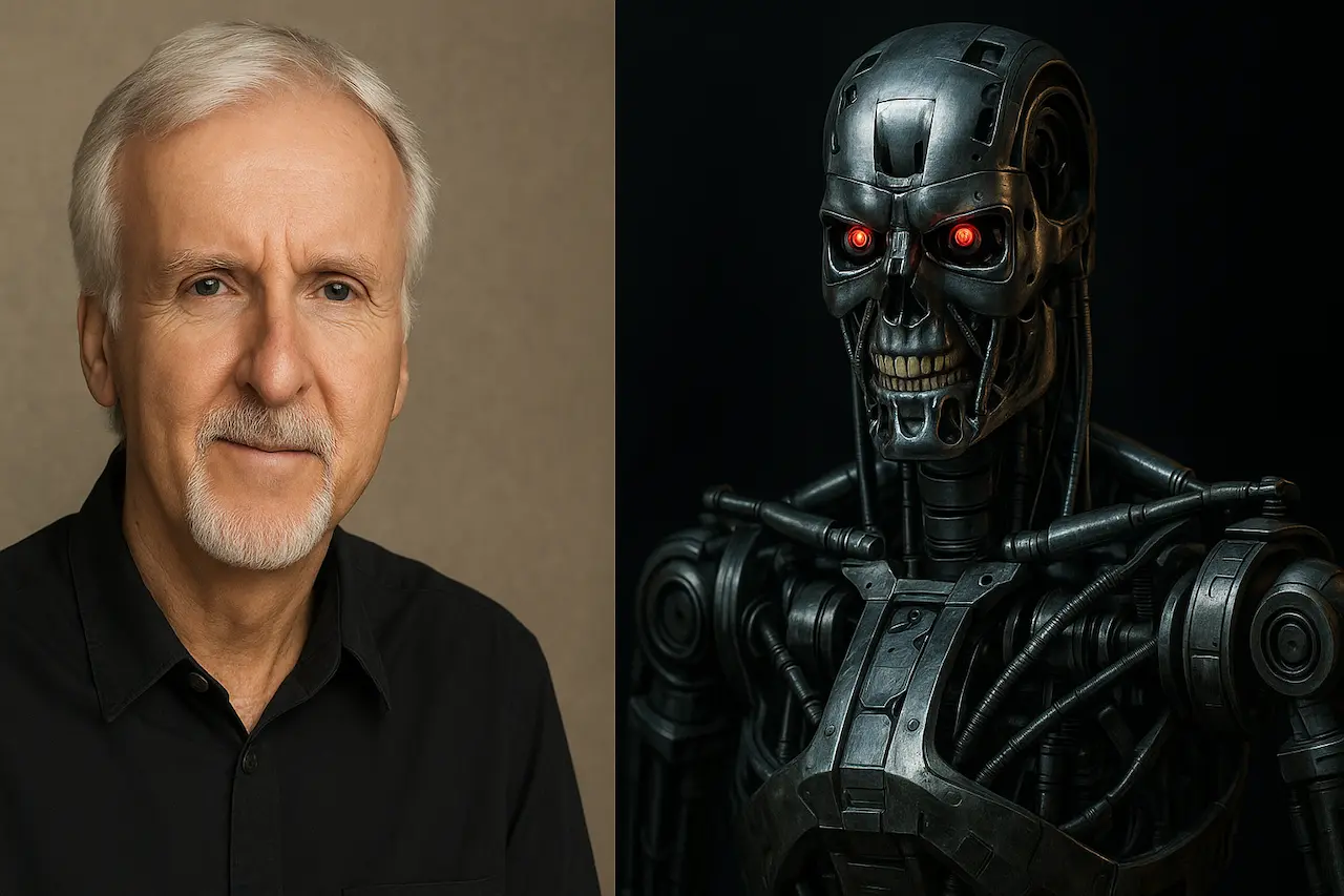 James Cameron debout aux côtés d’un robot Terminator, fond sombre et atmosphère cinématographique.