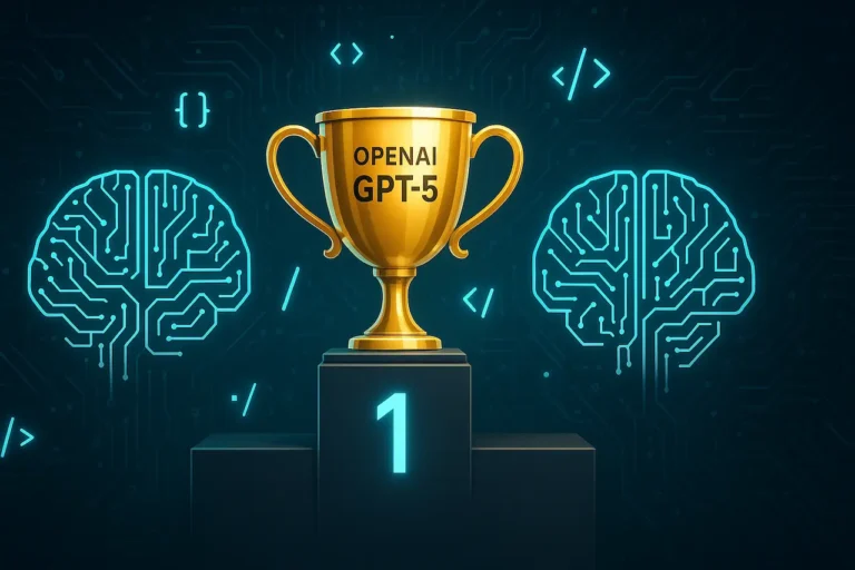 Illustration représentant la victoire d'OpenAI GPT-5 aux championnats du monde de programmation ICPC 2025 avec des éléments visuels de code, circuits d'intelligence artificielle et symboles de compétition technologique
