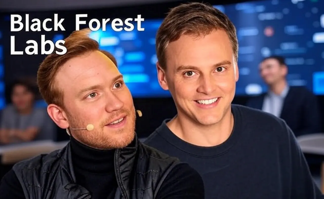Deux jeunes hommes, fondateurs de Black Forest Labs Robin Rombach et Andreas Blattmann, posant ensemble dans une salle de contrôle high-tech avec de multiples écrans en arrière-plan, et le texte "Black Forest Labs" superposé en blanc en haut à gauche.
