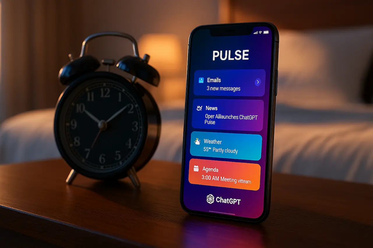 Smartphone affichant ChatGPT Pulse avec emails, actualités, météo et agenda du jour, posé sur une table de chevet à côté d’un réveil.