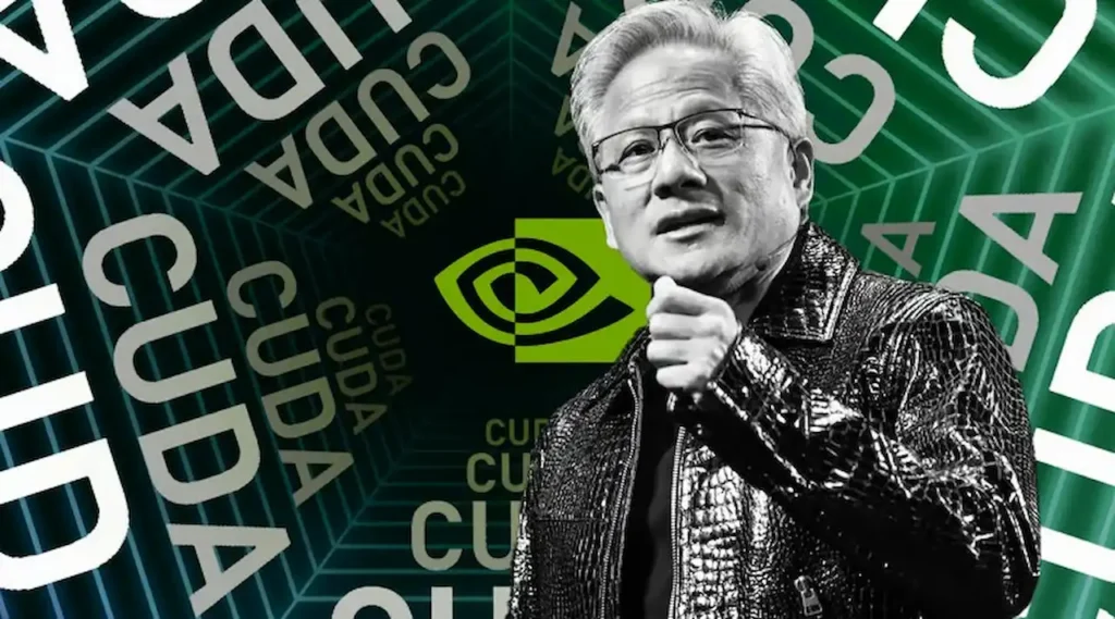 Jensen Huang, PDG de Nvidia, devant un fond visuel avec le logo Nvidia et le mot CUDA répété, symbolisant la puissance de la plateforme CUDA