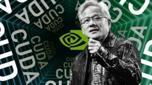 Jensen Huang, PDG de Nvidia, devant un fond visuel avec le logo Nvidia et le mot CUDA répété, symbolisant la puissance de la plateforme CUDA