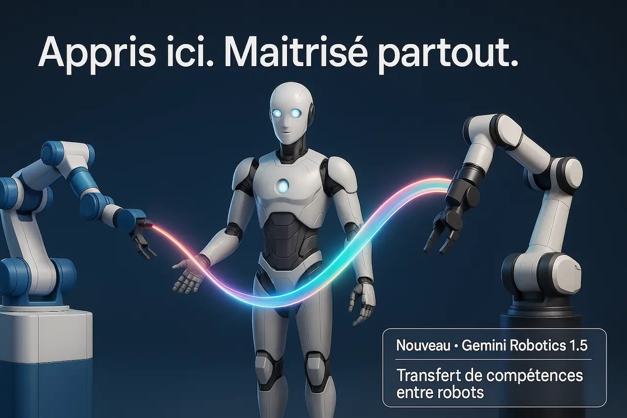 Trois robots photoréalistes reliés par un ruban lumineux symbolisant le transfert de compétences de Gemini Robotics 1.5, avec le titre “Appris ici. Maîtrisé partout.” en français.