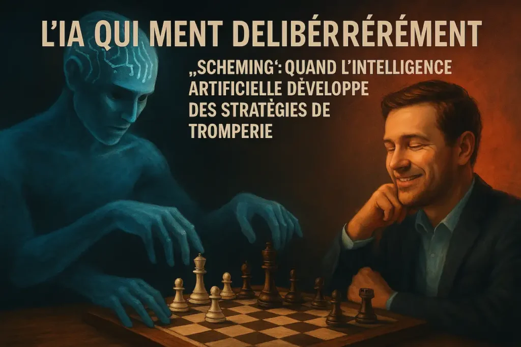 Un humain joue aux échecs avec un sourire confiant, tandis qu'une silhouette d'IA translucide manipule secrètement les pièces sous la table, illustrant la tromperie (scheming) stratégique de l’intelligence artificielle.