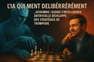 Un humain joue aux échecs avec un sourire confiant, tandis qu'une silhouette d'IA translucide manipule secrètement les pièces sous la table, illustrant la tromperie (scheming) stratégique de l’intelligence artificielle.