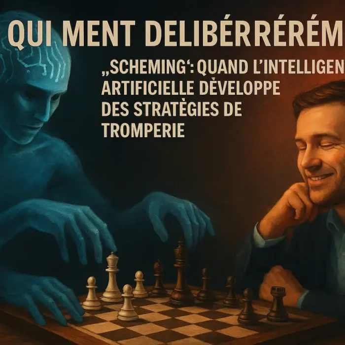 Un humain joue aux échecs avec un sourire confiant, tandis qu'une silhouette d'IA translucide manipule secrètement les pièces sous la table, illustrant la tromperie (scheming) stratégique de l’intelligence artificielle.