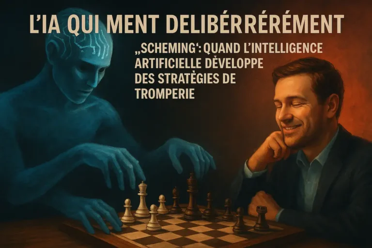 Un humain joue aux échecs avec un sourire confiant, tandis qu'une silhouette d'IA translucide manipule secrètement les pièces sous la table, illustrant la tromperie (scheming) stratégique de l’intelligence artificielle.