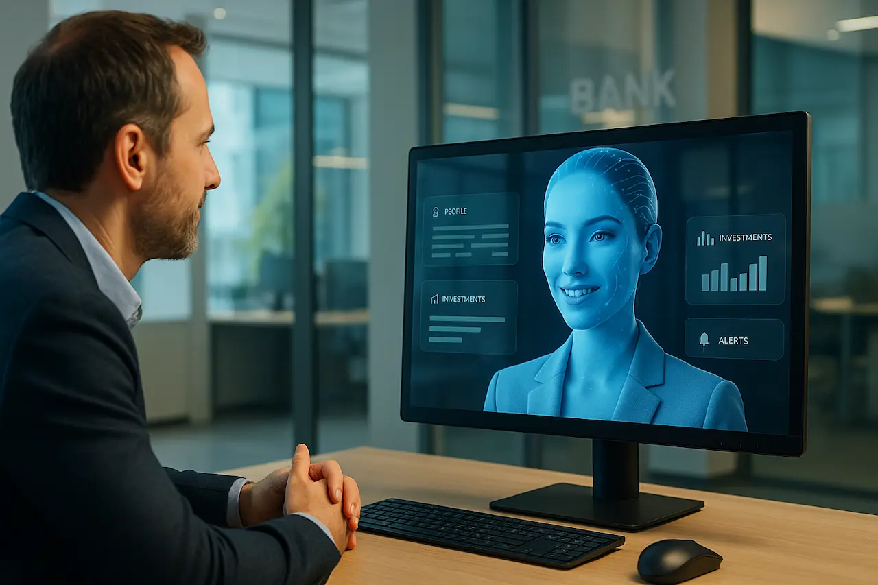 Un client discute avec un conseiller bancaire IA affiché sur un écran dans un bureau moderne, symbolisant l’autonomisation des services bancaires en Europe.