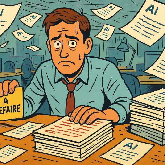 Un employé de bureau débordé, entouré de feuilles marquées "IA", tient une note "À REFAIRE" dans un open space, symbolisant la surcharge causée par le contenu généré par l’IA.