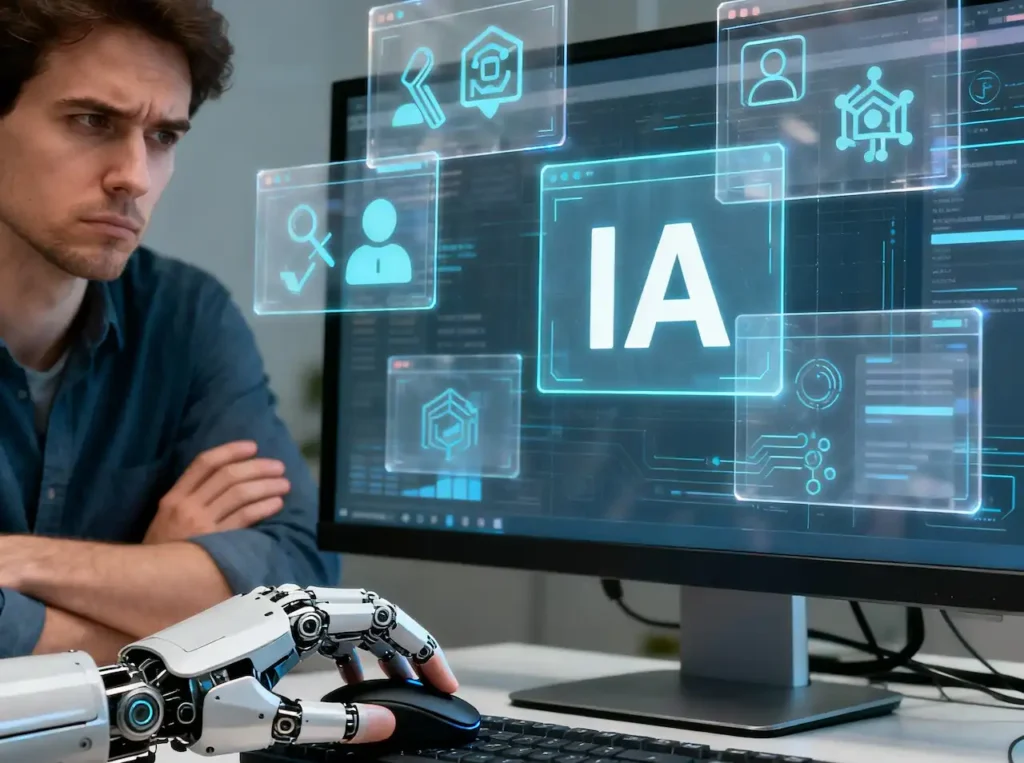 Un bras robotique manipulant un ordinateur tandis qu’un utilisateur sceptique observe, avec le sigle « IA » affiché au centre de l’écran. Photographie réaliste avec surimpression graphique.