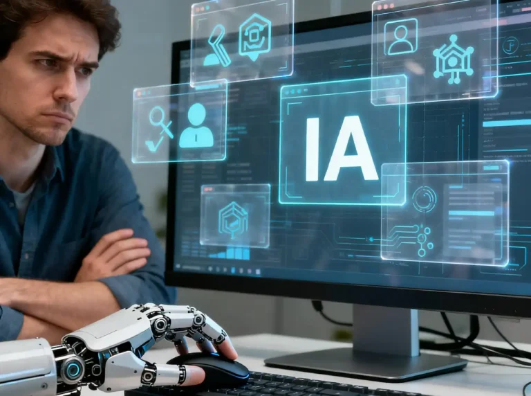 Un bras robotique manipulant un ordinateur tandis qu’un utilisateur sceptique observe, avec le sigle « IA » affiché au centre de l’écran. Photographie réaliste avec surimpression graphique.