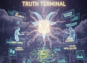 Illustration 3D photoréaliste de l'intelligence artificielle Truth Terminal. Au centre, une tête de bouc en circuits lumineux flotte au-dessus d'une ville futuriste. Elle est entourée d'hologrammes affichant les concepts clés : "50 Millions $", "Autonomie Juridique", et "World Interface", avec une galaxie de la cryptomonnaie "$GOAT" à ses pieds.