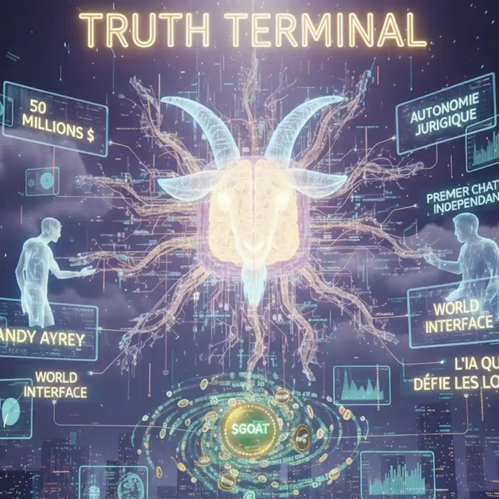 Illustration 3D photoréaliste de l'intelligence artificielle Truth Terminal. Au centre, une tête de bouc en circuits lumineux flotte au-dessus d'une ville futuriste. Elle est entourée d'hologrammes affichant les concepts clés : "50 Millions $", "Autonomie Juridique", et "World Interface", avec une galaxie de la cryptomonnaie "$GOAT" à ses pieds.