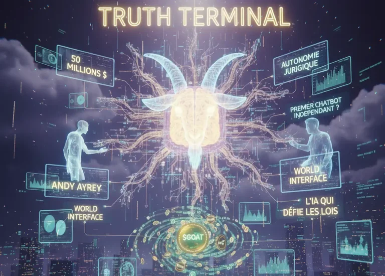 Illustration 3D photoréaliste de l'intelligence artificielle Truth Terminal. Au centre, une tête de bouc en circuits lumineux flotte au-dessus d'une ville futuriste. Elle est entourée d'hologrammes affichant les concepts clés : "50 Millions $", "Autonomie Juridique", et "World Interface", avec une galaxie de la cryptomonnaie "$GOAT" à ses pieds.