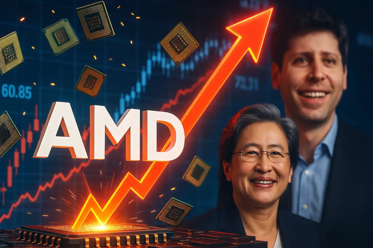 Image représentant la flambée du cours AMD suite au partenariat avec OpenAI, avec flèche rouge ascendante, logo AMD, et visages de Lisa Su et Sam Altman.