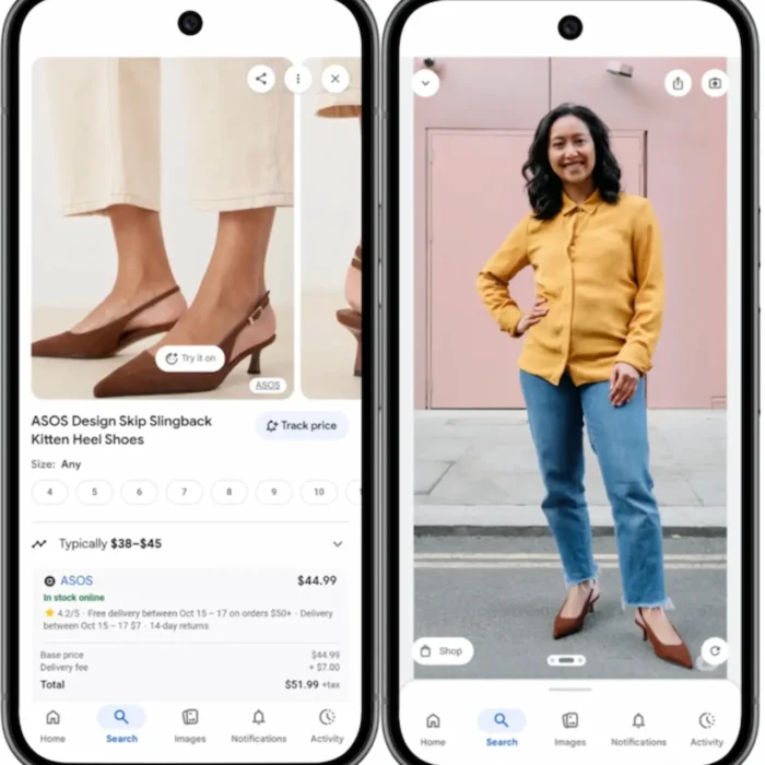Femme tenant un smartphone, voyant son reflet chaussé de baskets virtuelles avec le texte "Try It On" et le logo Google au-dessus pour illustrer essayage virtuel Google.