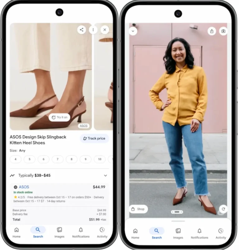 Femme tenant un smartphone, voyant son reflet chaussé de baskets virtuelles avec le texte "Try It On" et le logo Google au-dessus pour illustrer essayage virtuel Google.