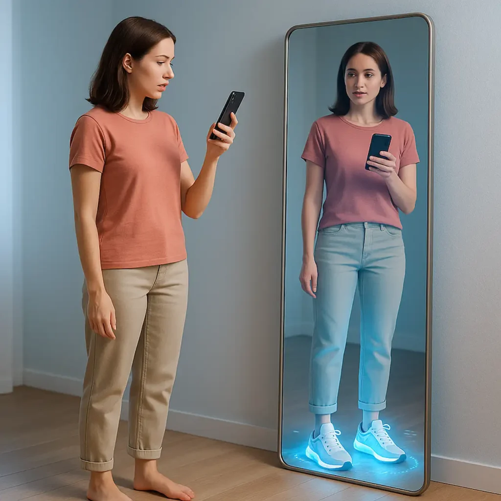 Femme tenant un smartphone, voyant son reflet chaussé de baskets virtuelles avec le texte "Try It On" et le logo Google au-dessus.