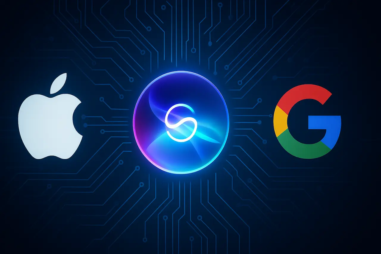 Illustration stylisée montrant les logos d'Apple et de Google entourant un Siri central alimenté par Gemini, sur fond de circuits électroniques bleu foncé.
