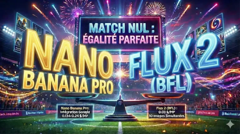 Illustration d'un match nul entre les modèles IA Nano Banana Pro et Flux 2 (BFL), symbolisé par une balance en équilibre parfait dans un stade.