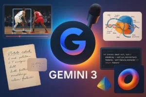 Image 3D photoréaliste montrant un collage multimodal autour du logo Gemini 3 : vidéo sportive, recette manuscrite, schéma scientifique, code et microphone, illustrant la puissance multimodale de l’IA.