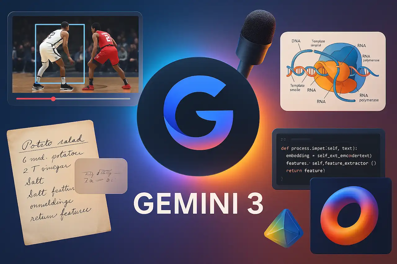 Image 3D photoréaliste montrant un collage multimodal autour du logo Gemini 3 : vidéo sportive, recette manuscrite, schéma scientifique, code et microphone, illustrant la puissance multimodale de l’IA.