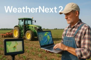 Agriculteur analysant les prévisions météo WeatherNext 2 sur un ordinateur portable, avec un tracteur, un champ cultivé et un GPS agricole en arrière-plan.